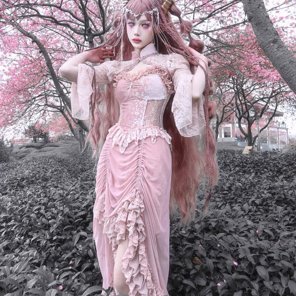 Original ◆ Sakura Nightmare, romantic gothic design sense velvet drawstring lotus root powder lace suspender dress