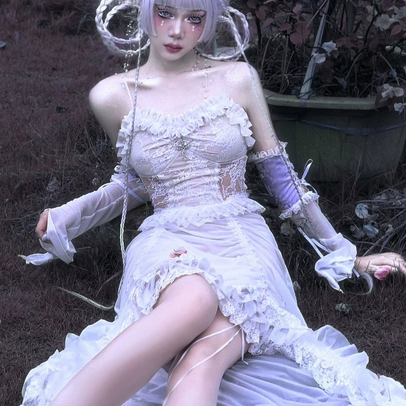 God's redemption white goth drawstring lace mesh dark suspender dress summer