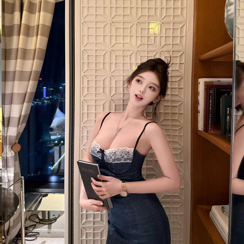 Pure Desire Wind Sexy Hot Girl Lace Splicing Strap Dress for Women in Summer Pure Sensation Slim Fit Waist Cowboy Bag Hip Skirt