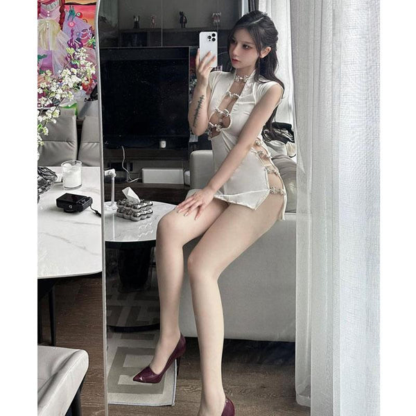 Chinese cheongsam uniform pure desire sexy pajamas hollow temperament short skirt pure desire white hot nightdress