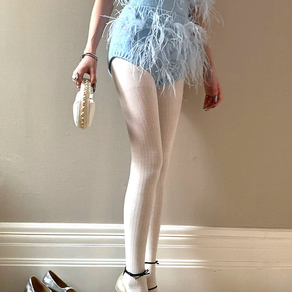 Fashion white pantyhose Korea Dongdaemun miu series wide pit striped leggings white gray stockings