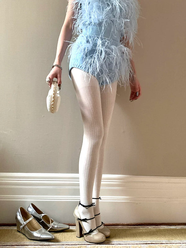 Fashion white pantyhose Korea Dongdaemun miu series wide pit striped leggings white gray stockings