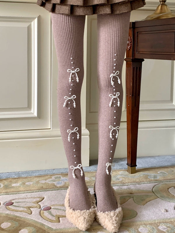Fashion niche atmosphere, pearl bow, abdomen and hip lift, pressure to look thin, autumn and winter warm pantyhose women