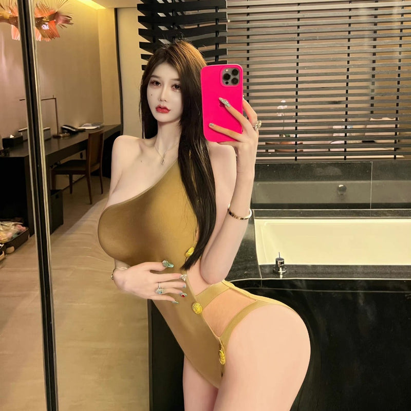 Spice girl sexy shoulder niche design hollow one-piece swimsuit female slim temperament cut men triangle hot spring bikini