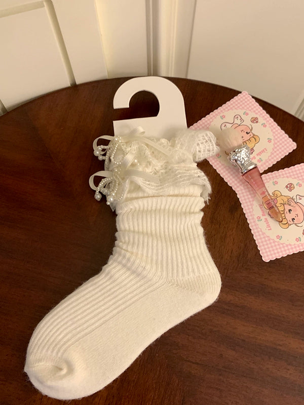 Fashion niche three-dimensional crystal bow socks women's red striped long tube jk lolita calf socks