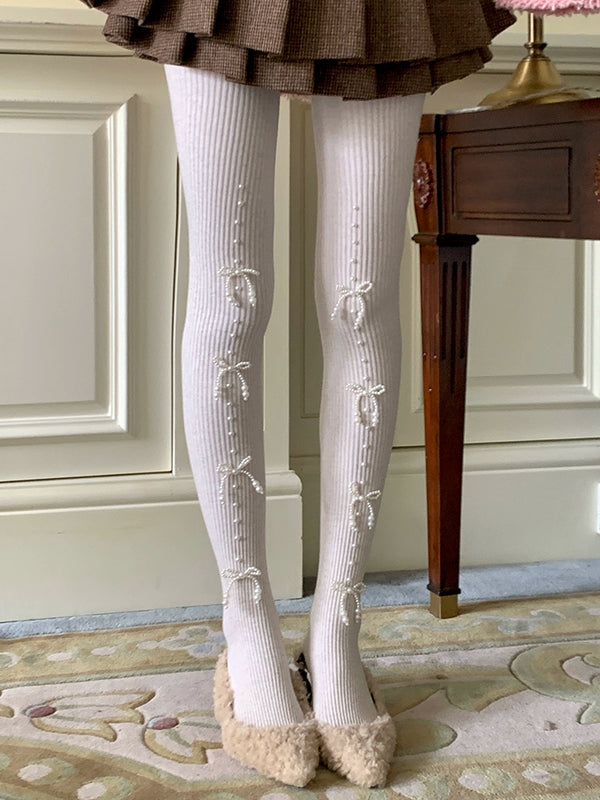 Fashion niche atmosphere, pearl bow, abdomen and hip lift, pressure to look thin, autumn and winter warm pantyhose women