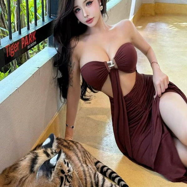 Pure desire style sexy hot girl tube top backless dress female French celebrity high sense temperament hip fish tail dress