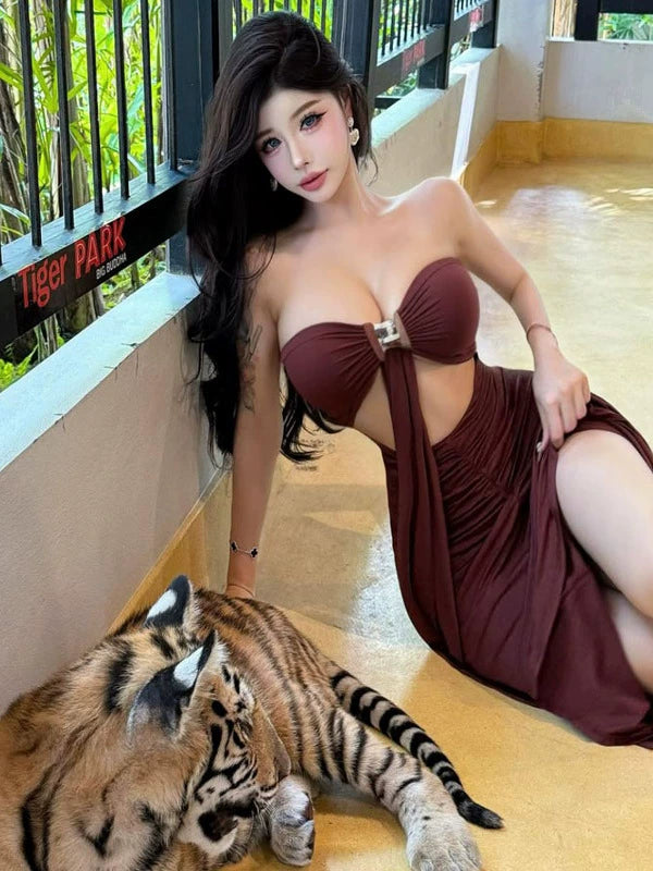 Pure desire style sexy hot girl tube top backless dress female French celebrity high sense temperament hip fish tail dress