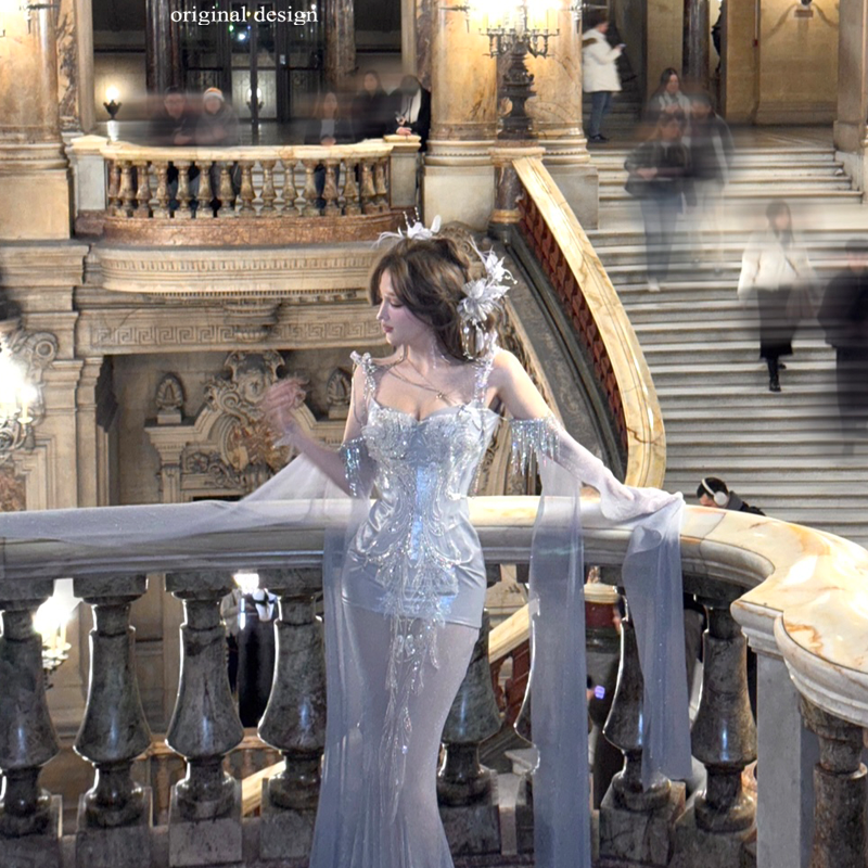 Silver slimming sexy dress full diamond split goddess maxi dress