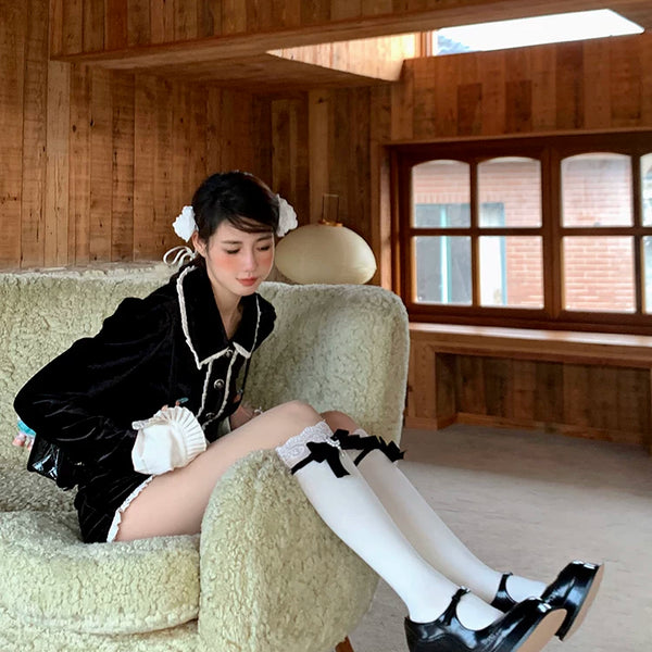Fashion niche velvet bow gem lace lace socks white black cute Lolita