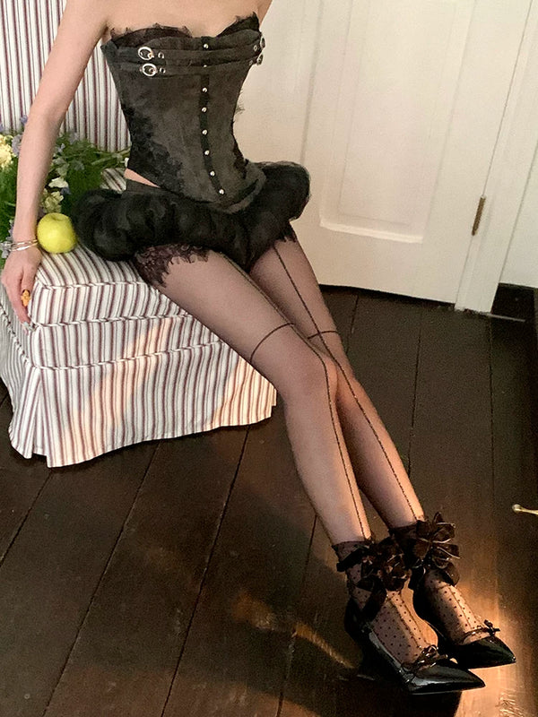 Fashion niche velvet bow mesh stacking socks pure desire white polka dot fairy transparent yarn medium tube socks