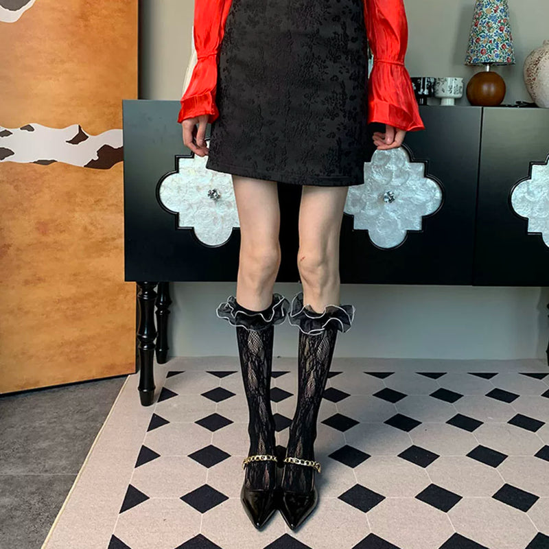 Frequently mentioned past~ Summer ballet French niche women's thin lace satin lace black calf socks