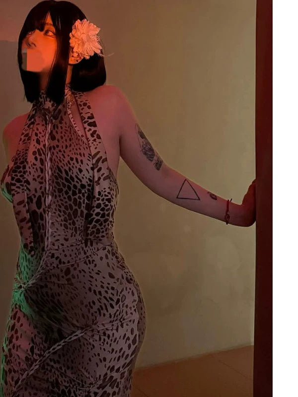Pure desire style sexy spice girl leopard print print neck dress women's strap design sense niche hip wrap dress