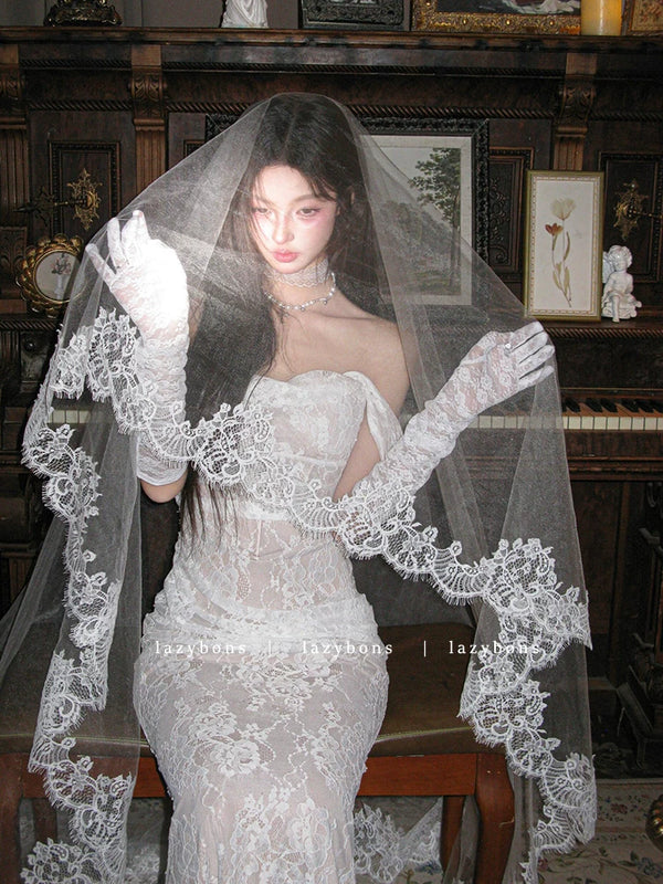 One-word shoulder dress femininity socialite birthday party light wedding dress fishbone waist lace hip-wrapped dress