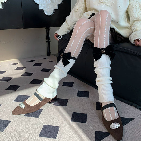 Paris Art Museum Grade Murray Knitted White Bow Stacked Socks Cover Winter Stacked Milk White Romper Female DF