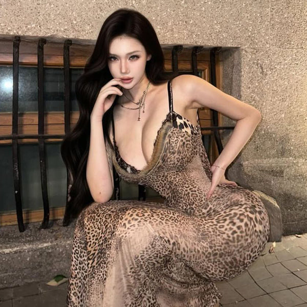 Spicy girl sexy retro leopard print camisole dress, slimming and hip hugging skirt, mature and charming long skirt