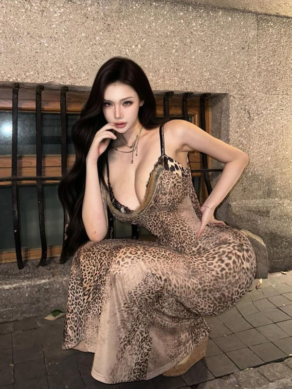 Spicy girl sexy retro leopard print camisole dress, slimming and hip hugging skirt, mature and charming long skirt
