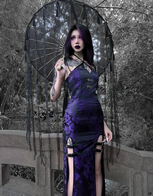 Original chinese style new chinese style slit tassel leather buckle hip skirt dress