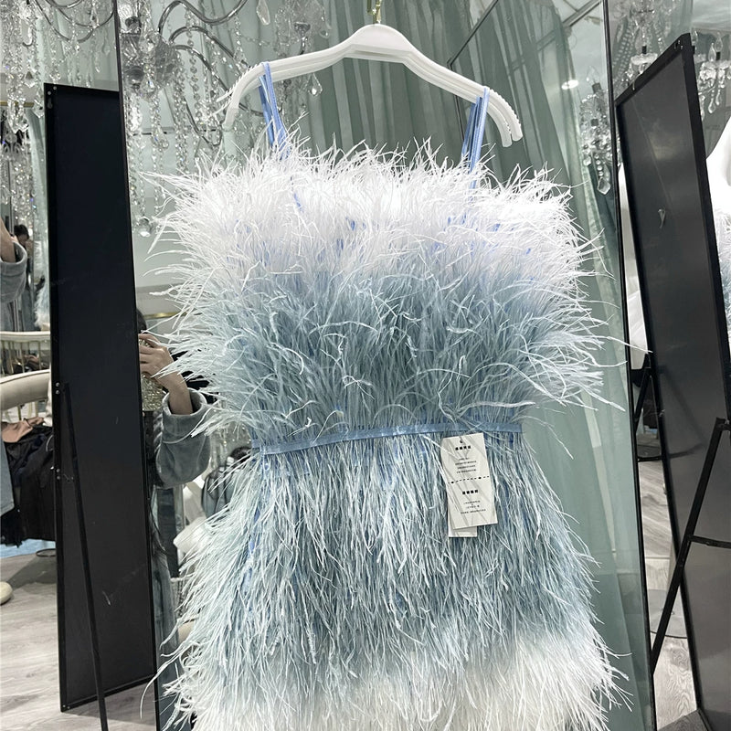 Thousand gold sense of design white swan birthday party heavy industry feather ostrich feather accessible luxury evening dress dress