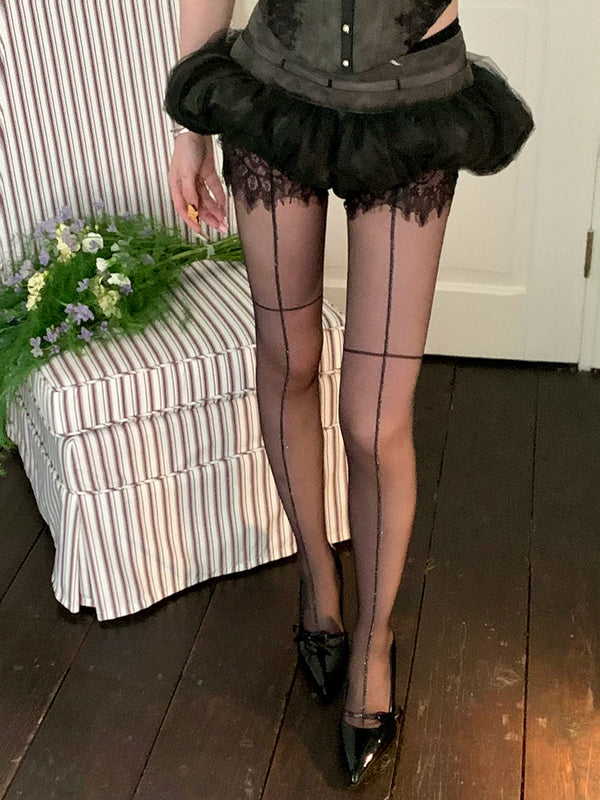 Fashion niche royal sister long legs vertical line stockings shrimp line black silk cross sexy pantyhose women's thin