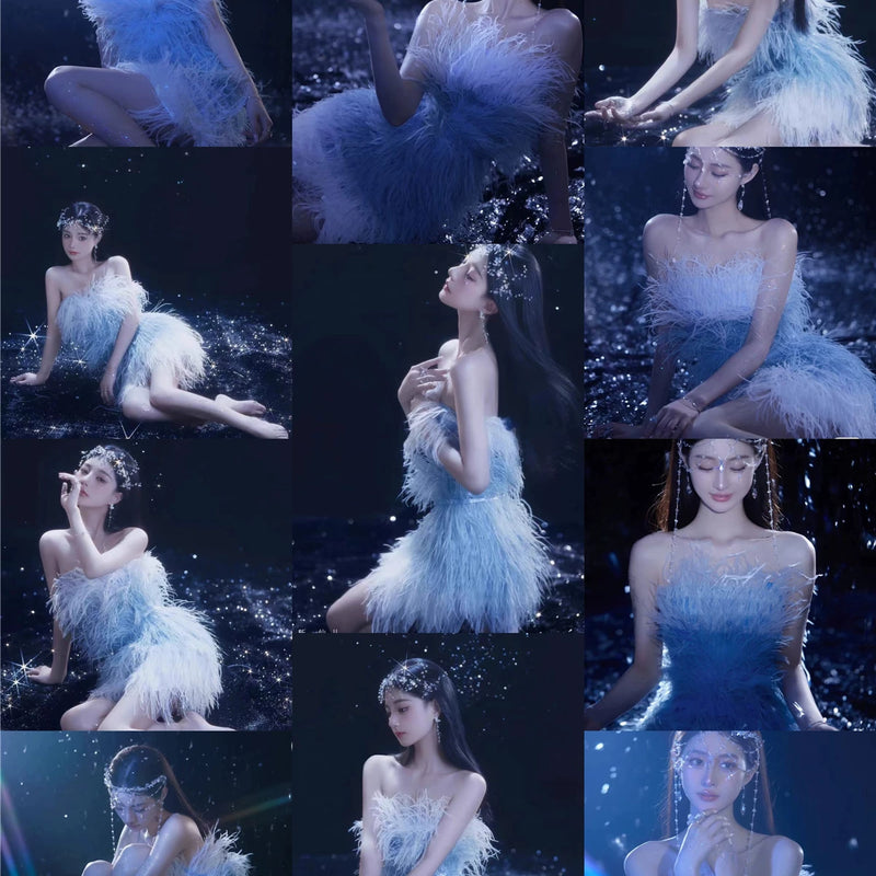 Thousand gold sense of design white swan birthday party heavy industry feather ostrich feather accessible luxury evening dress dress