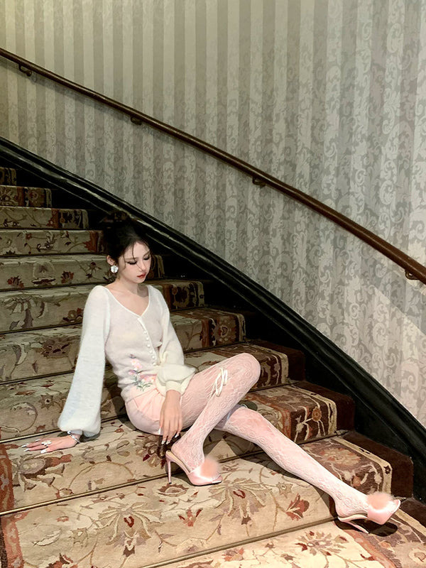 Niche design brand hollow white drawstring pantyhose women's autumn new light and mature fashion wear