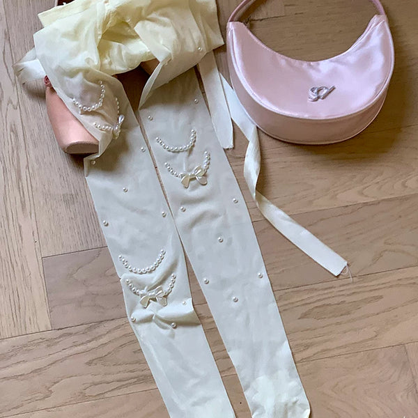 Fashion niche thin cut pearl necklace Japanese jk white pantyhose women's milk white stockings