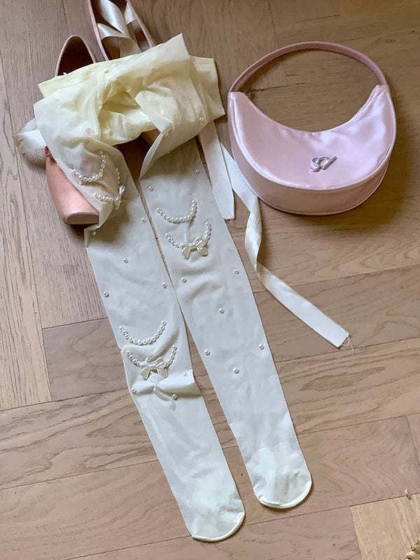 Fashion niche thin cut pearl necklace Japanese jk white pantyhose women's milk white stockings