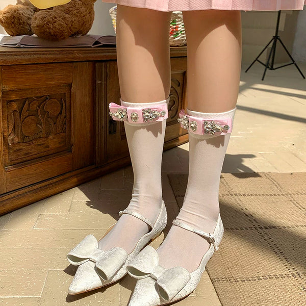 Fashion niche socks full diamond bow socks pearlescent glass socks thin pure desire wind white socks