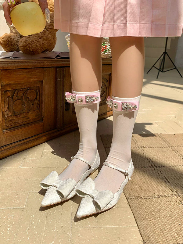 Fashion niche socks full diamond bow socks pearlescent glass socks thin pure desire wind white socks