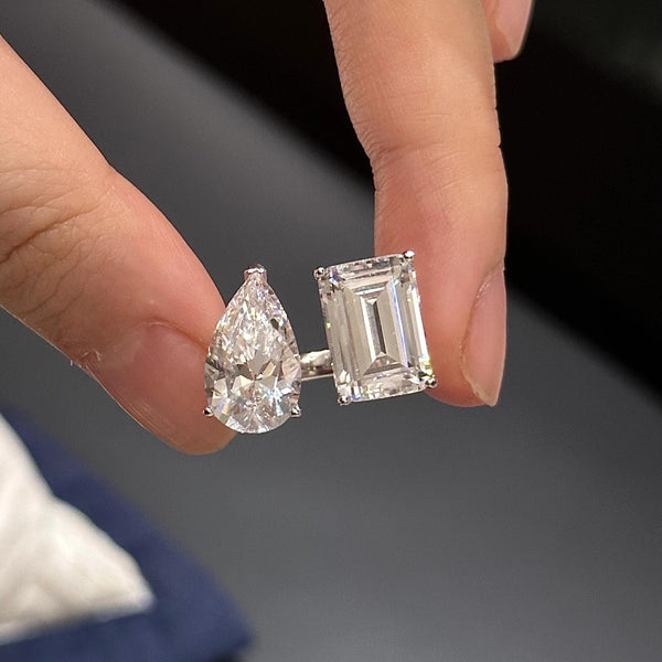 Twin stone pear shaped water droplet large sugar diamond ring with open mouth, niche design, light luxury European and American ring