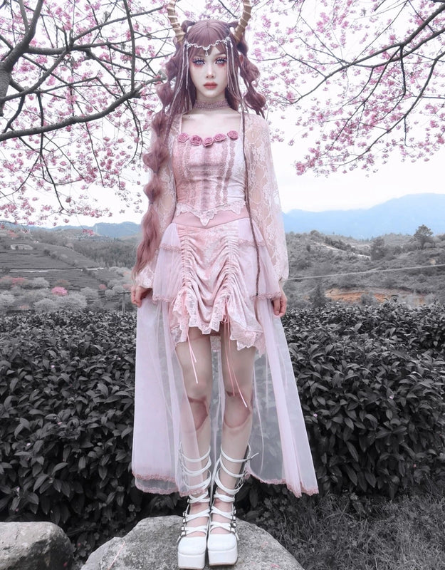 Original ◆ Sakura nightmare romantic gothic design embossed lotus root pink embroidered court half length skirt