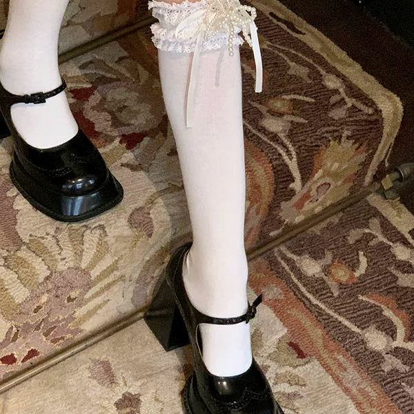 Fashion Sweet Lace Calf Socks Women's Bow Pearl Strap Medium Tube Socks Ballet