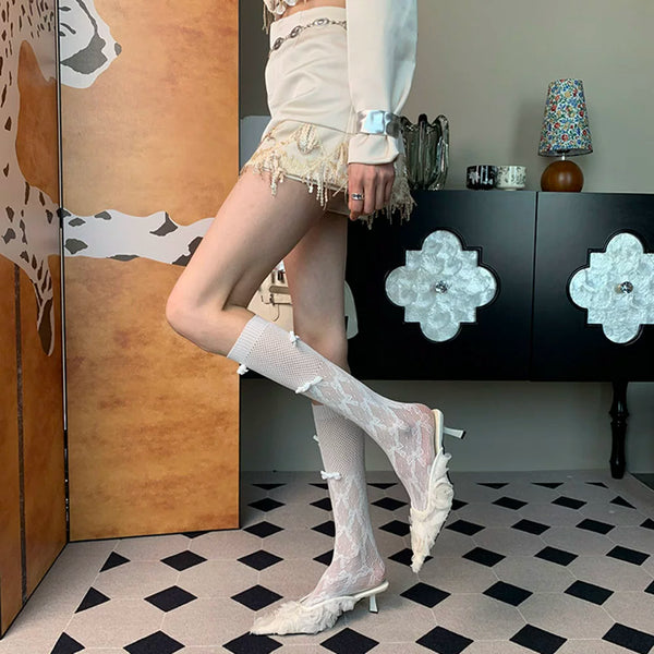 Lose the color of dusk~ Summer 2025 New French Ballet Romantic Niche Mesh White Calf