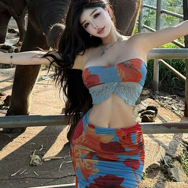 Pure desire style sexy babes hollowed out retro printing open navel vacation fashion chest wrap beach dress two-piece set