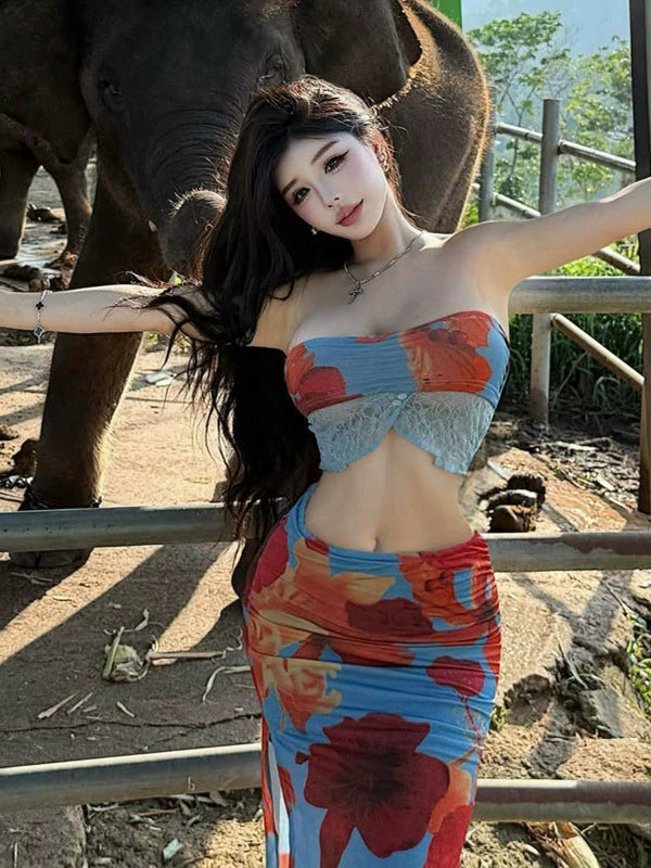 Pure desire style sexy babes hollowed out retro printing open navel vacation fashion chest wrap beach dress two-piece set