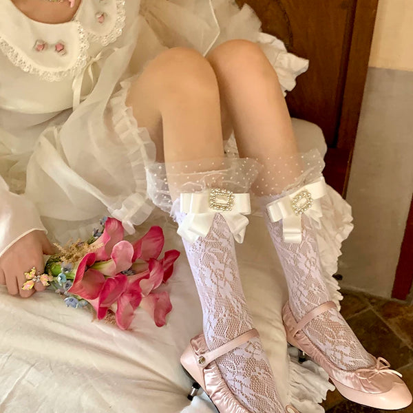 Fashion niche Japanese college style lace lace knee socks women's rhinestone elastic long tube calf net socks
