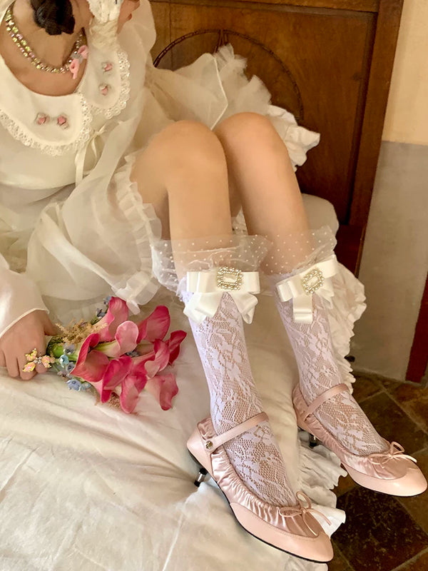 Fashion niche Japanese college style lace lace knee socks women's rhinestone elastic long tube calf net socks