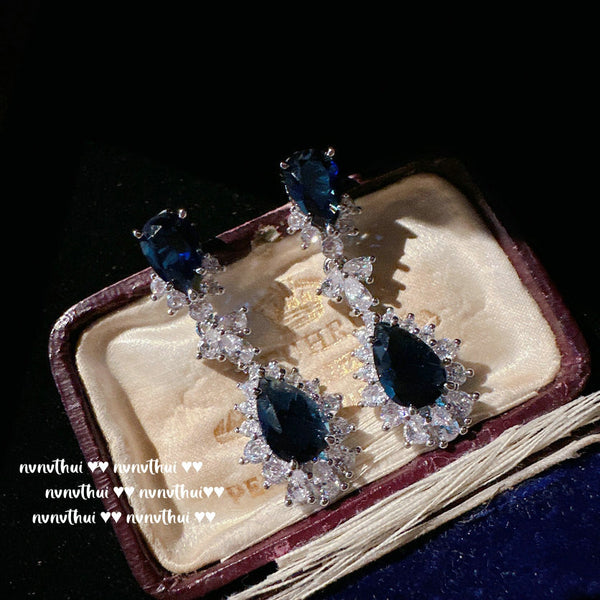 Sri Lanka Blue Crown Waterdrop Necklace Deep Sea Blue Teardrop Ring