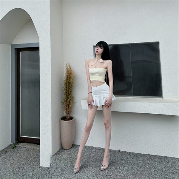Pure desire mesh sling strap vest women's inner cover age-reducing sexy one-word shoulder tube top short three-dimensional flower top