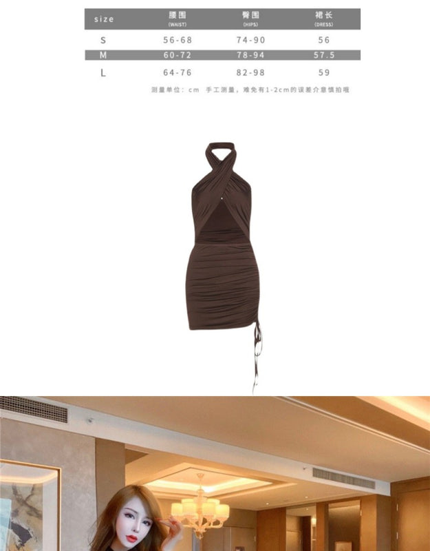 Internet celebrity sexy niche design dancing disco neck hollow vest hip skirt drawstring pleated sweet and spicy dress summer women