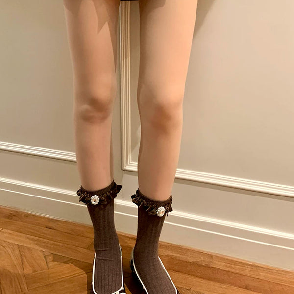 Fashion niche socks women's medium tube gray stacking socks women's autumn and winter pearl lace socks with Birkenstocks