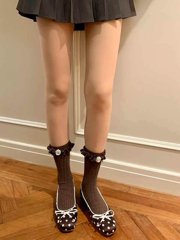 Fashion niche socks women's medium tube gray stacking socks women's autumn and winter pearl lace socks with Birkenstocks