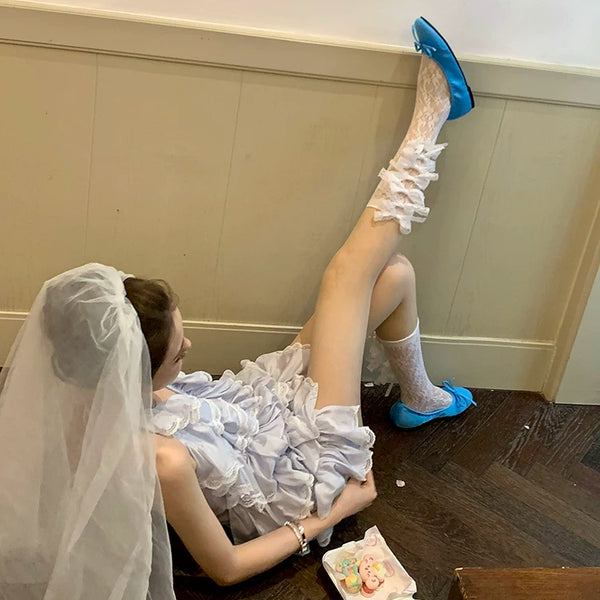 Fashion niche original bow net socks female pure lolita sweet girl hollow lace tube socks