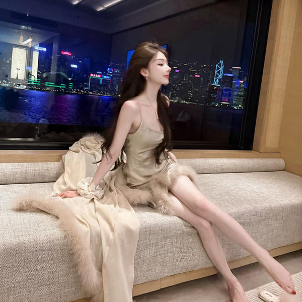 Pure Desire Wind Sexy Noble Temperament Home Sleeping Skirt Show Thin Hair Hairy Edge Strap Sleeping Skirt Lady Long Dress Royal Sister Sleeping Robe