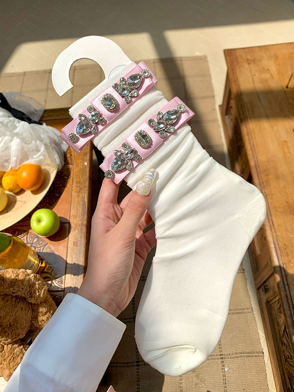 Fashion niche socks full diamond bow socks pearlescent glass socks thin pure desire wind white socks