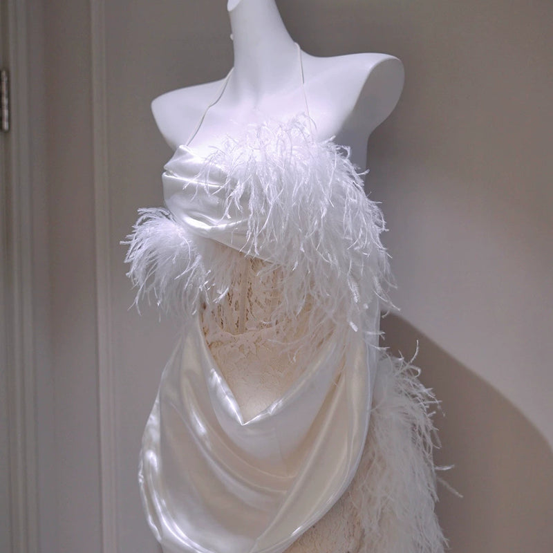 Ostrich hair acetic acid satin neck lace French fairy evening dress dress