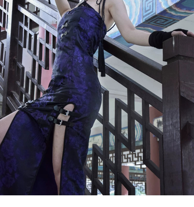 Original chinese style new chinese style slit tassel leather buckle hip skirt dress