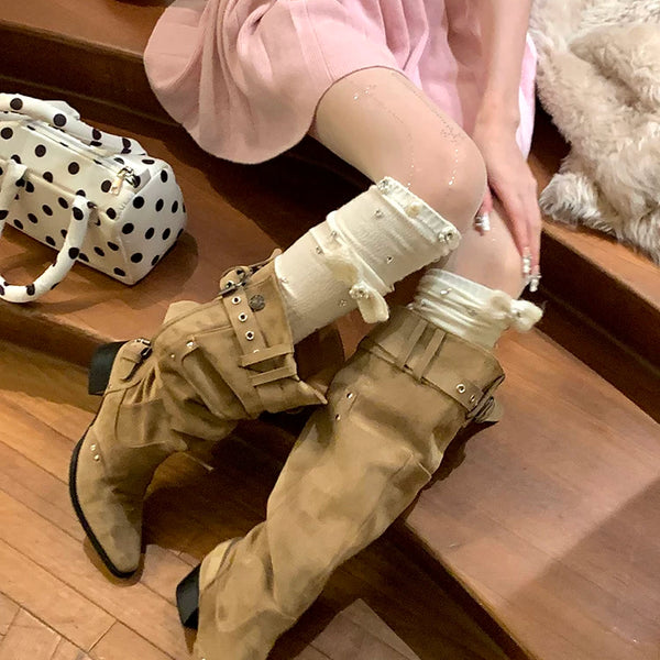 Fashion niche, knitted pearl big bow luxury exaggerated rhinestone thin vertical strip ballet knee socks