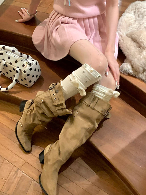 Fashion niche, knitted pearl big bow luxury exaggerated rhinestone thin vertical strip ballet knee socks